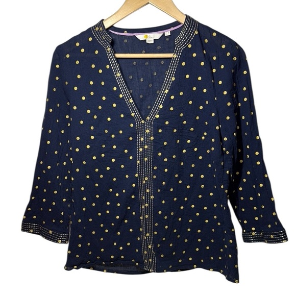 Boden Navy Embroidered Gold Foil Polka Dots Cotton Blouse - Picture 6 of 10
